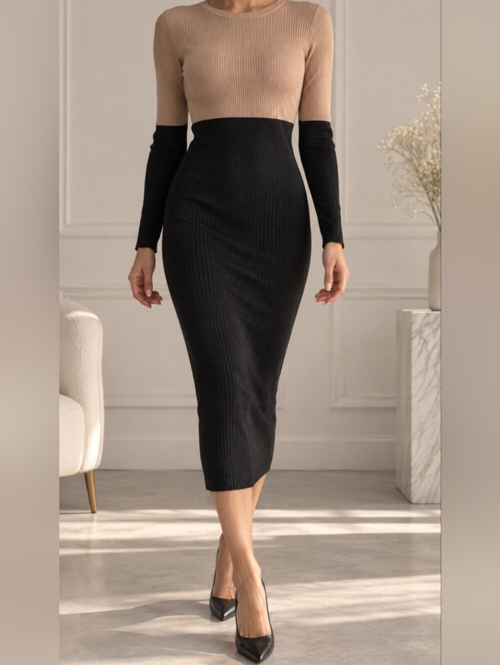 Tiana B. Two-Tone Beige and Black Ribbed Midi Dress